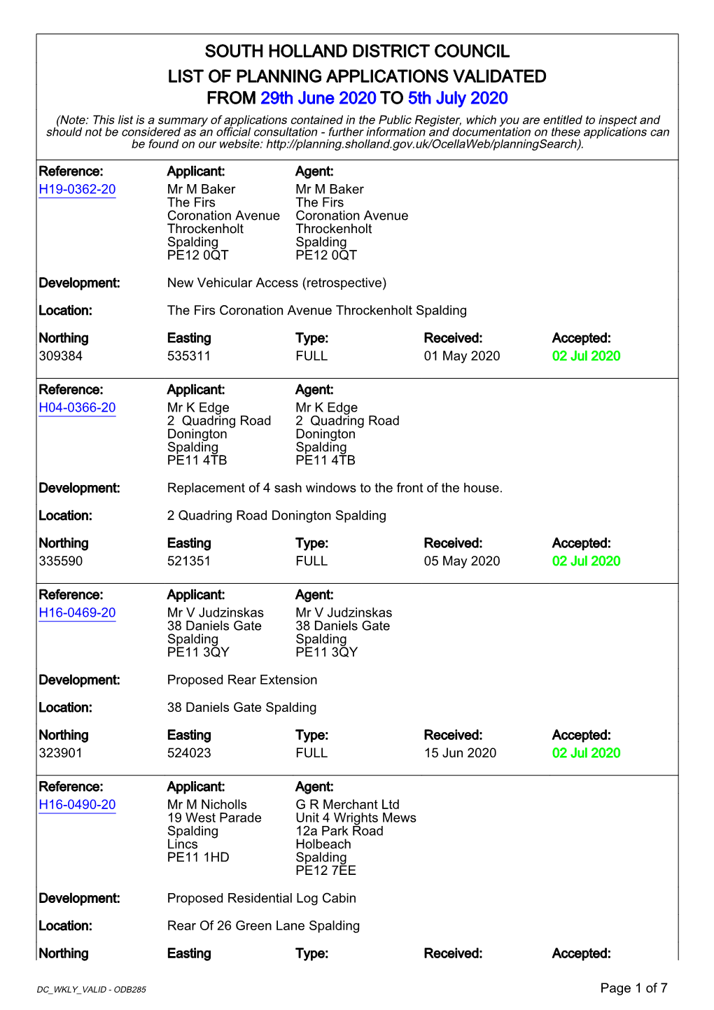 South Holland District Council List of Planning