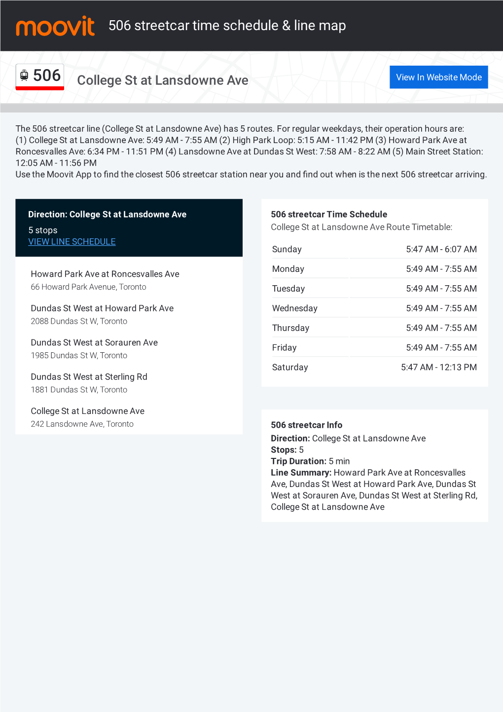 506 Streetcar Time Schedule & Line Route