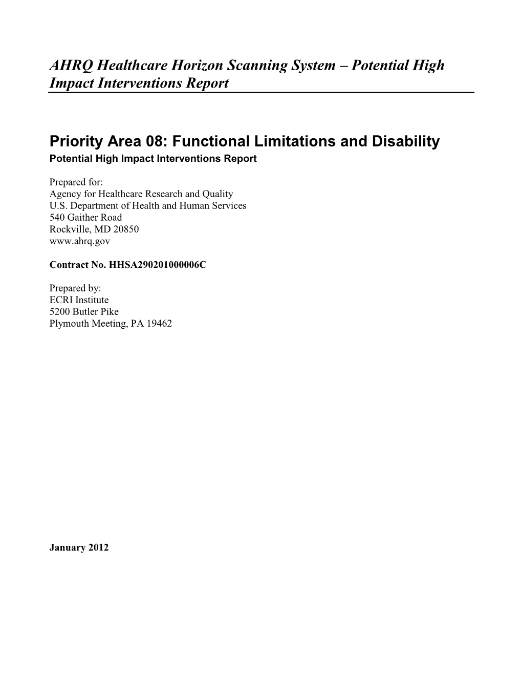 Functional Limitations and Disability Potential High Impact Interventions Report