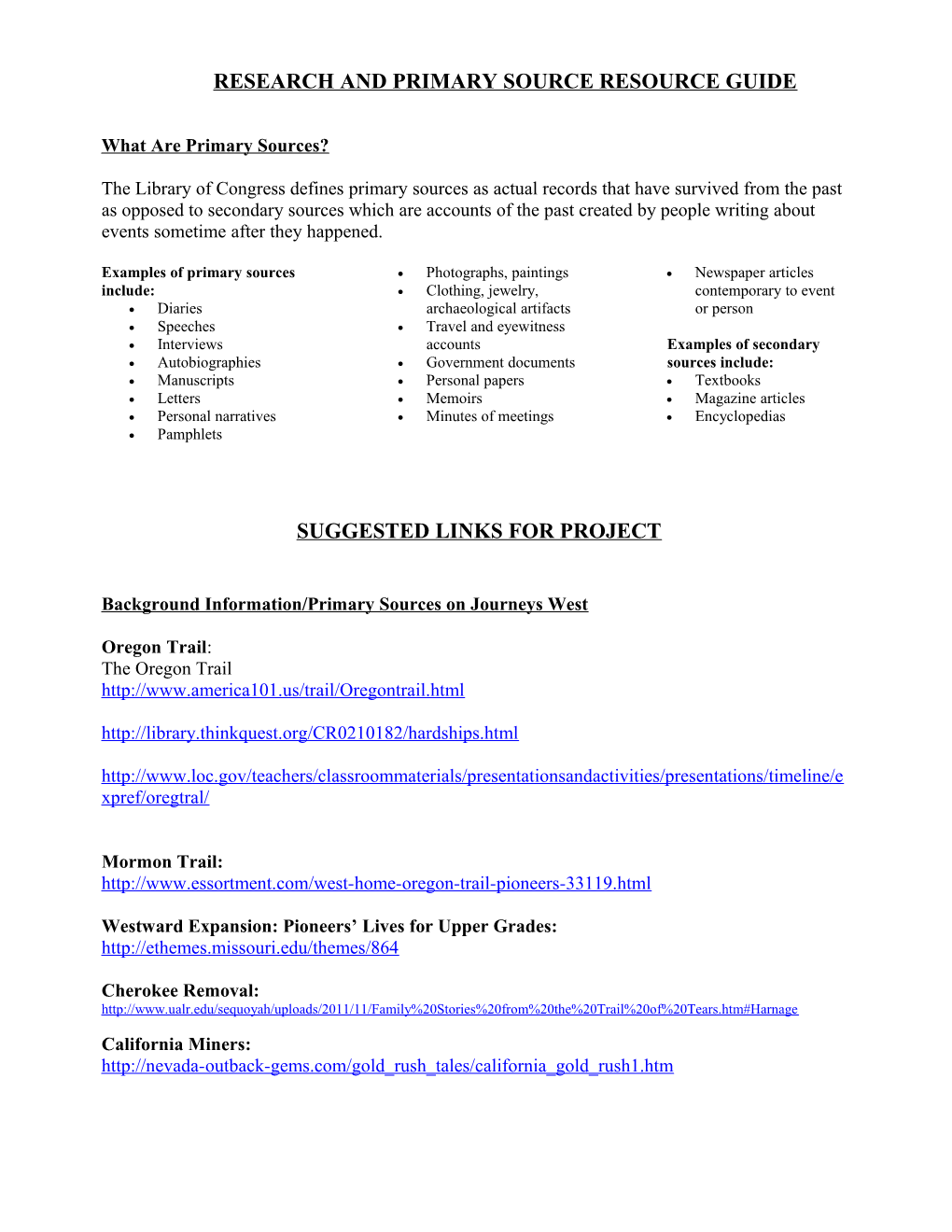 Research and Primary Source Resource Guide