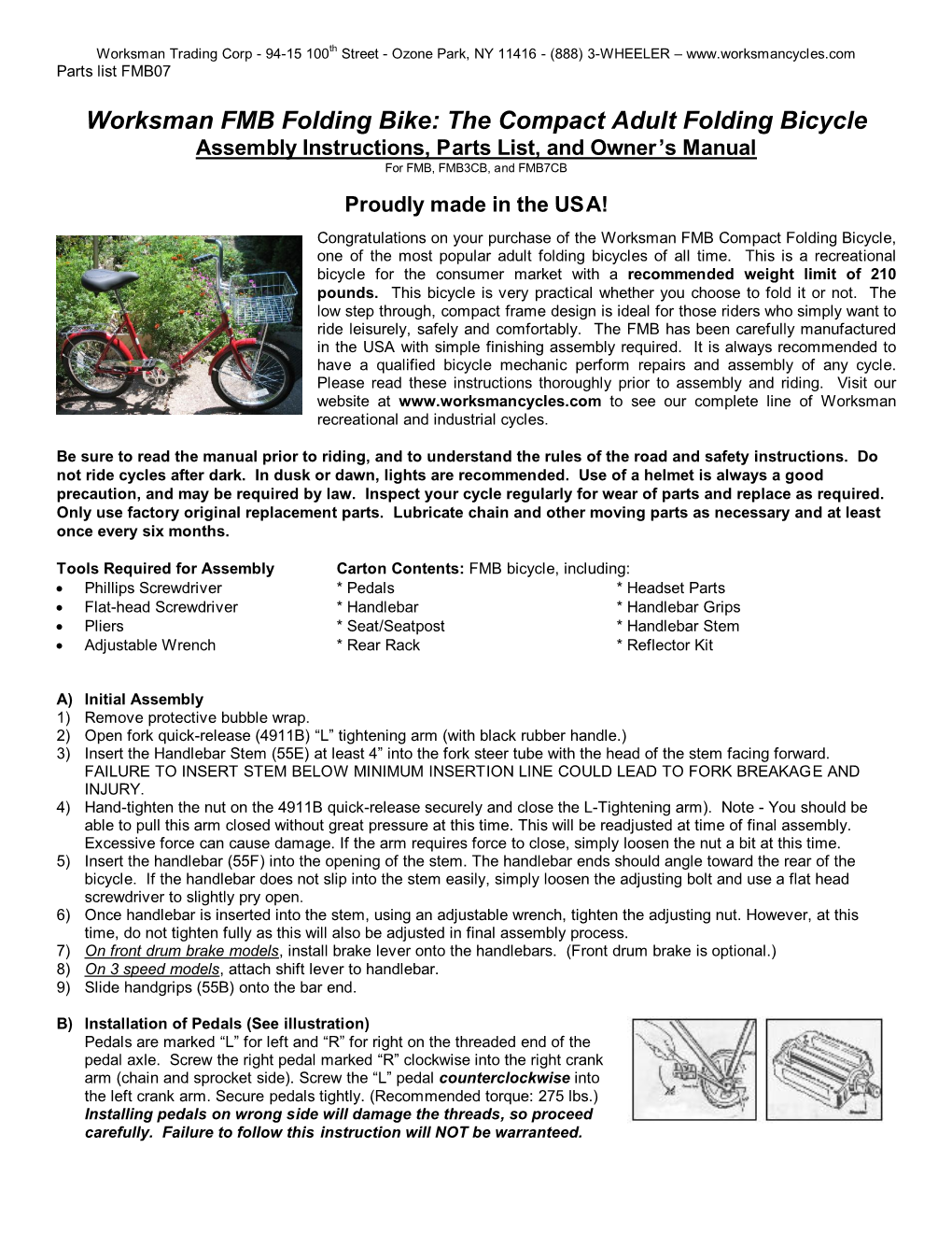 Worksman FMB Folding Bike: the Compact Adult Folding Bicycle Assembly Instructions, Parts List, and Owner’S Manual for FMB, FMB3CB, and FMB7CB