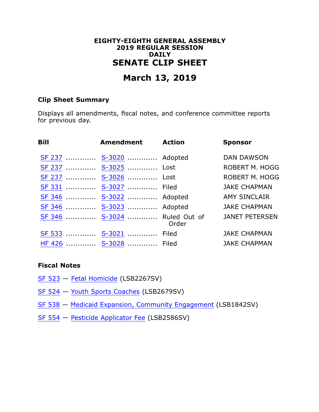 SENATE CLIP SHEET March 13, 2019