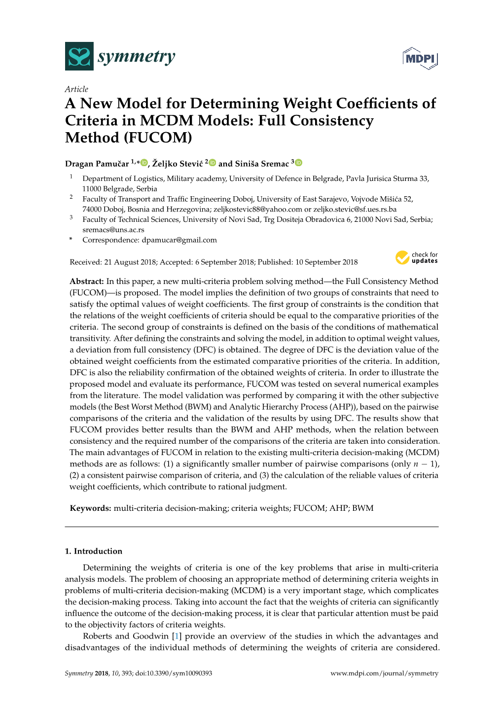 A New Model for Determining Weight Coefficients of Criteria in MCDM