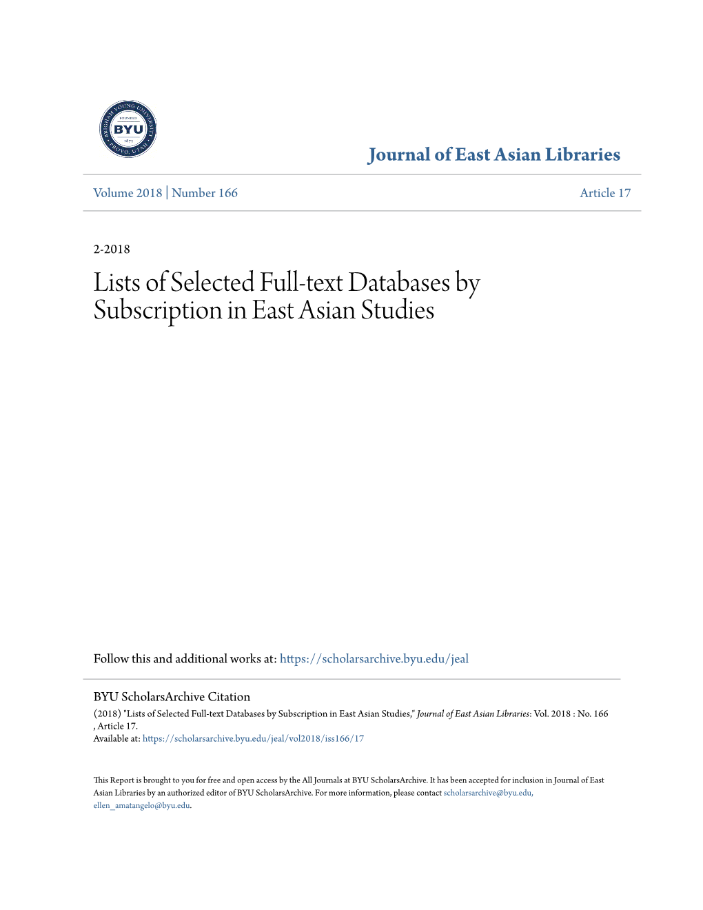 Lists of Selected Full-Text Databases by Subscription in East Asian Studies