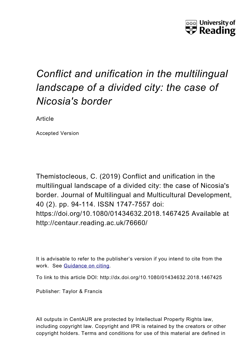 Conflict and Unification in the Multilingual Landscape of a Divided City: the Case of Nicosia's Border
