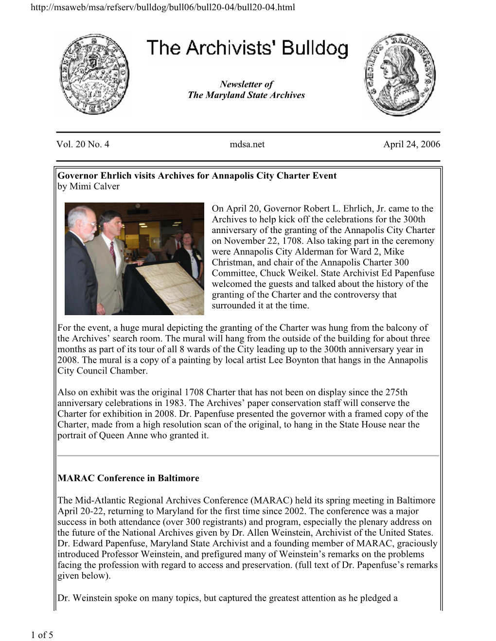 Newsletter of the Maryland State Archives Vol. 20 No. 4 Mdsa.Net