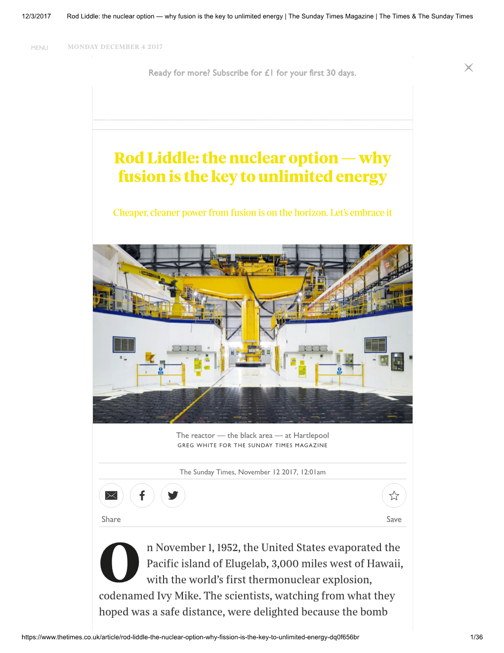 Rod Liddle: the Nuclear Option — Why Fusion Is the Key to Unlimited Energy | the Sunday Times Magazine | the Times & the Sunday Times