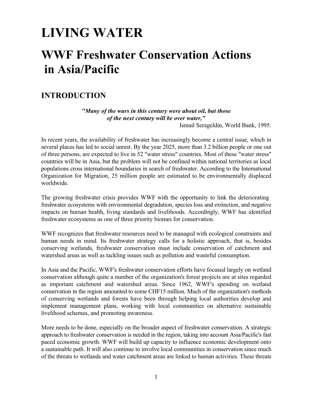 LIVING WATER WWF Freshwater Conservation Actions in Asia/Pacific INTRODUCTION