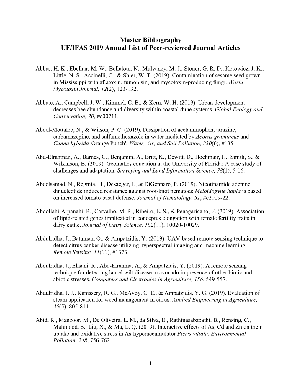 Master Bibliography UF/IFAS 2019 Annual List of Peer-Reviewed Journal Articles