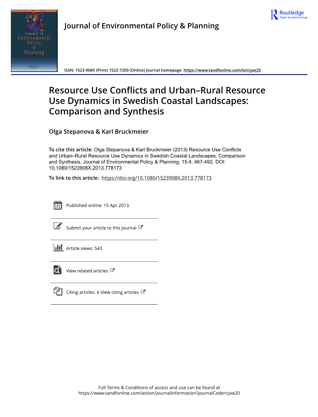 Resource Use Conflicts and Urban–Rural Resource Use Dynamics in Swedish Coastal Landscapes: Comparison and Synthesis