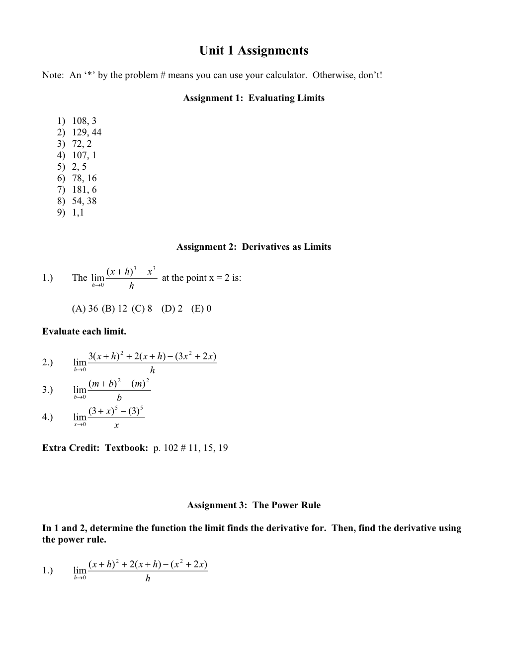 Assignment 1: Limit Definition of the Derivative and Power Rule