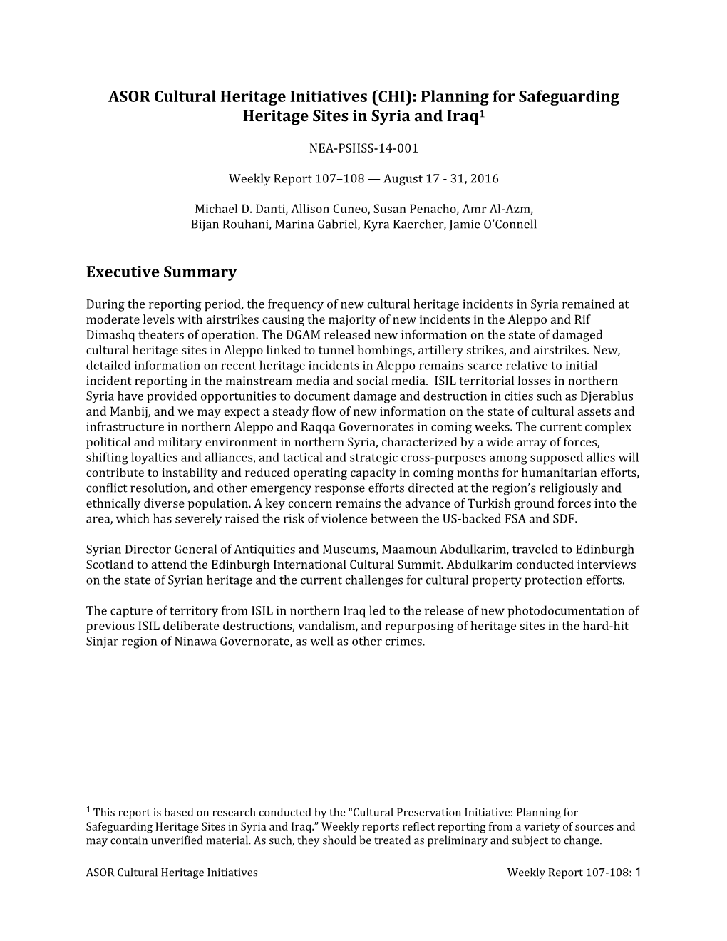 (CHI): Planning for Safeguarding Heritage Sites in Syria and Iraq1