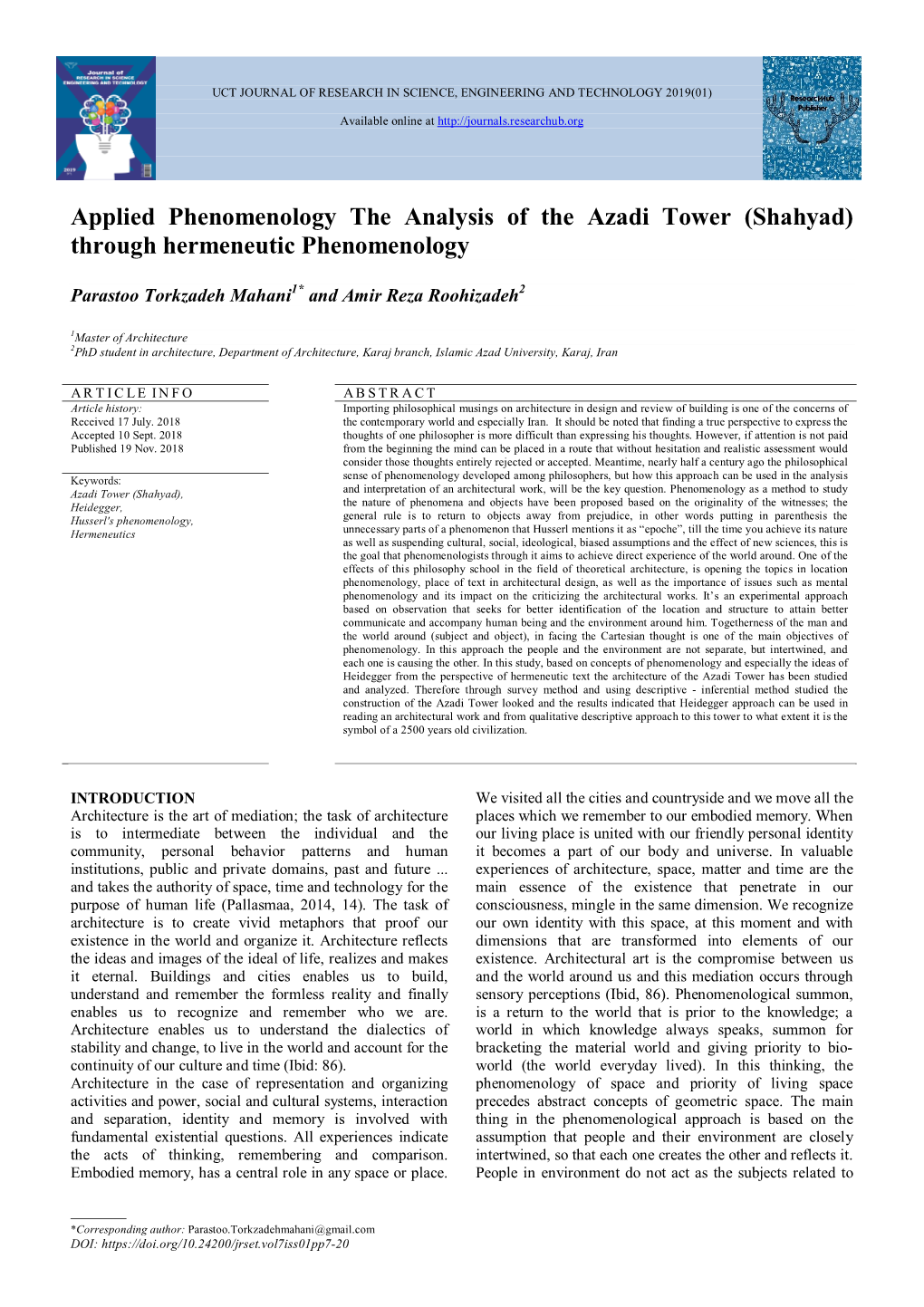 Applied Phenomenology the Analysis of the Azadi Tower (Shahyad) Through Hermeneutic Phenomenology