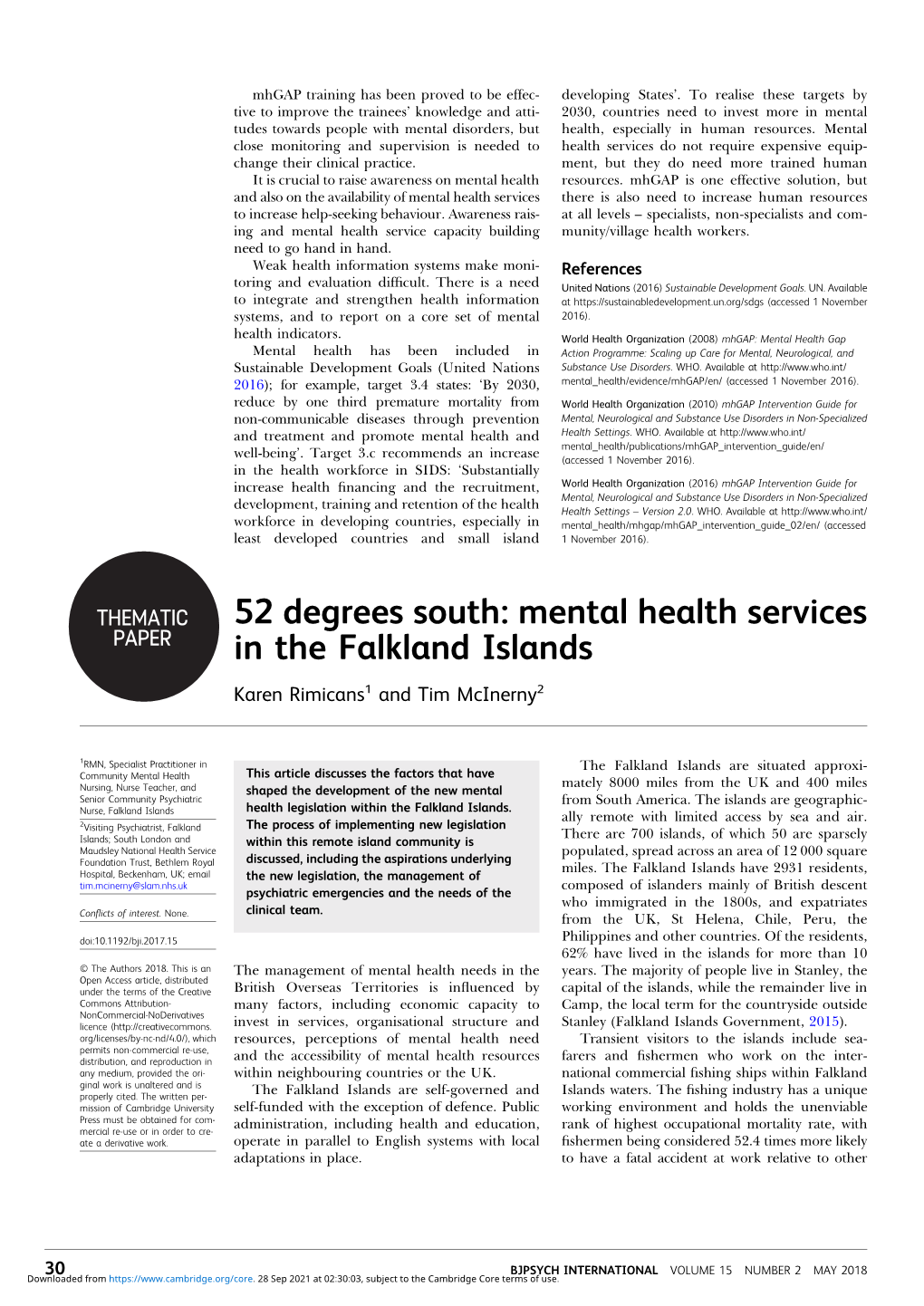 52 Degrees South: Mental Health Services in the Falkland Islands