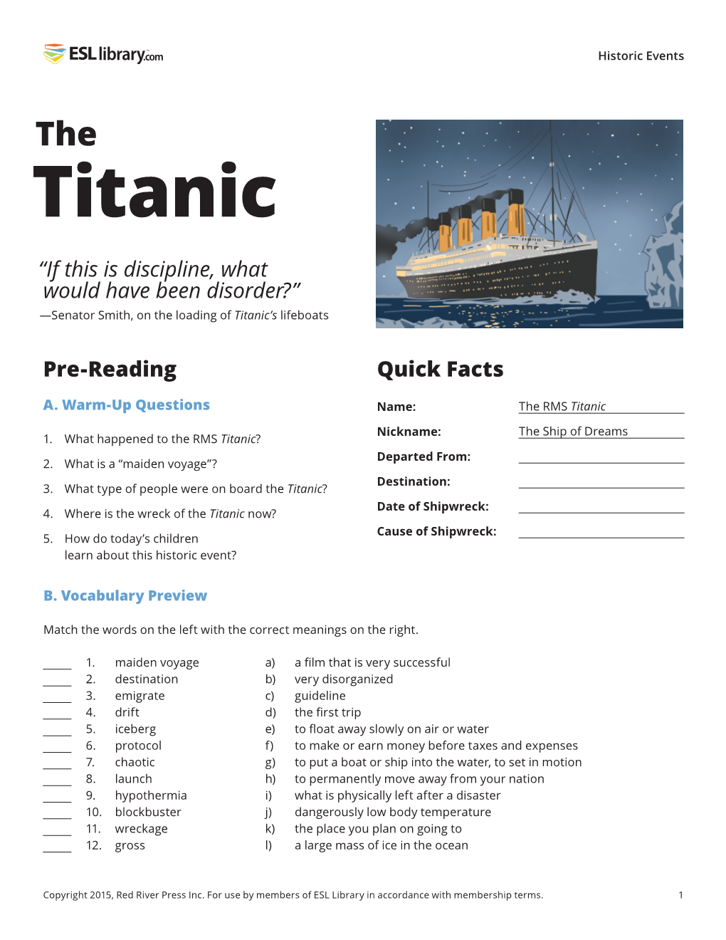 The Titanic – Historic Events – ESL Library