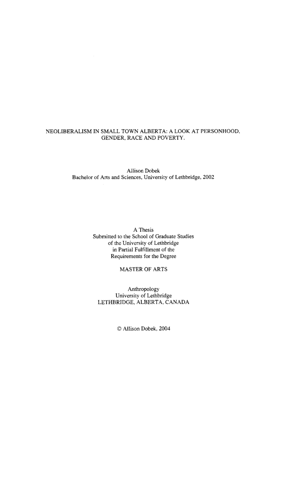 Neoliberalism in Small Town Alberta: a Look at Personhood, Gender, Race and Poverty