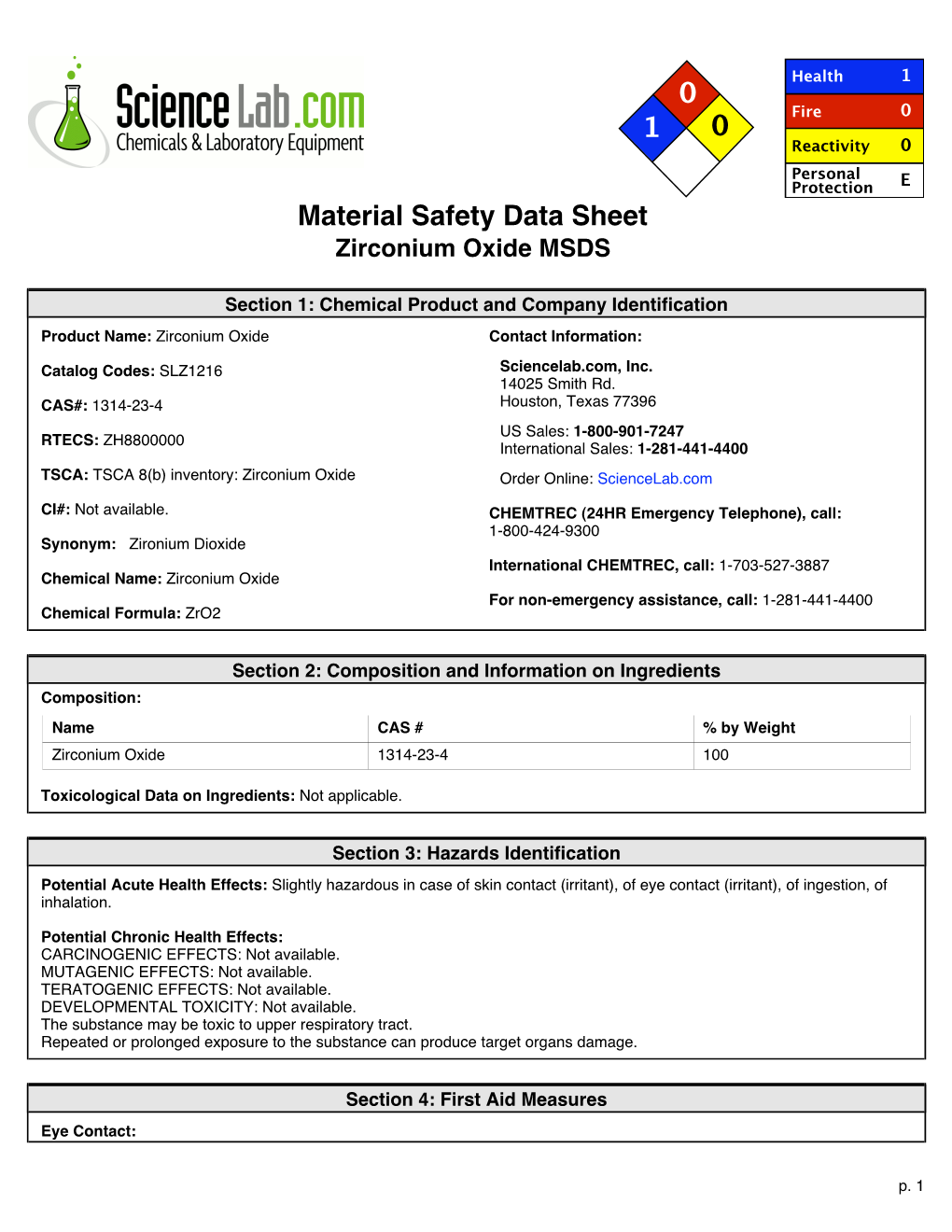 Material Safety Data Sheet Zirconium Oxide MSDS