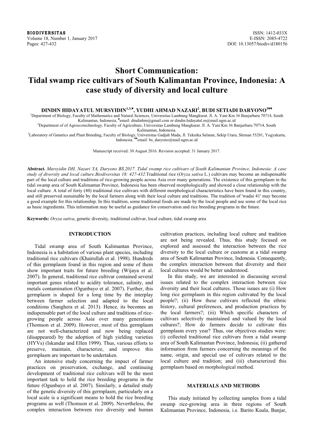 Tidal Swamp Rice Cultivars of South Kalimantan Province, Indonesia: a Case Study of Diversity and Local Culture