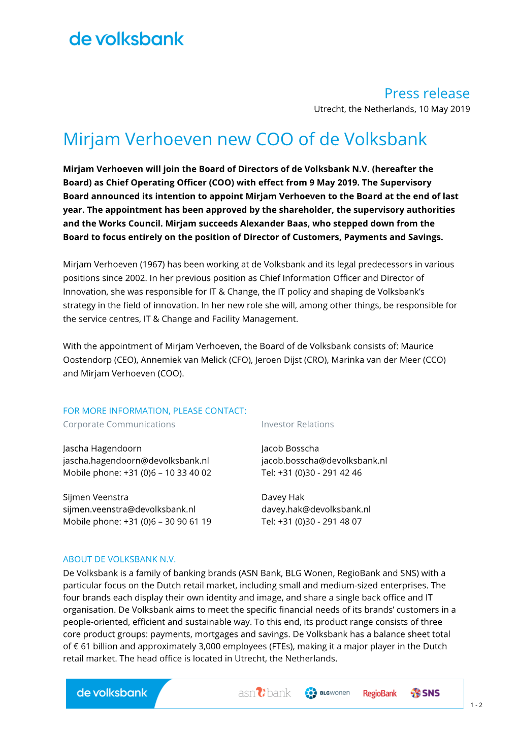 Press Release Utrecht, the Netherlands, 10 May 2019