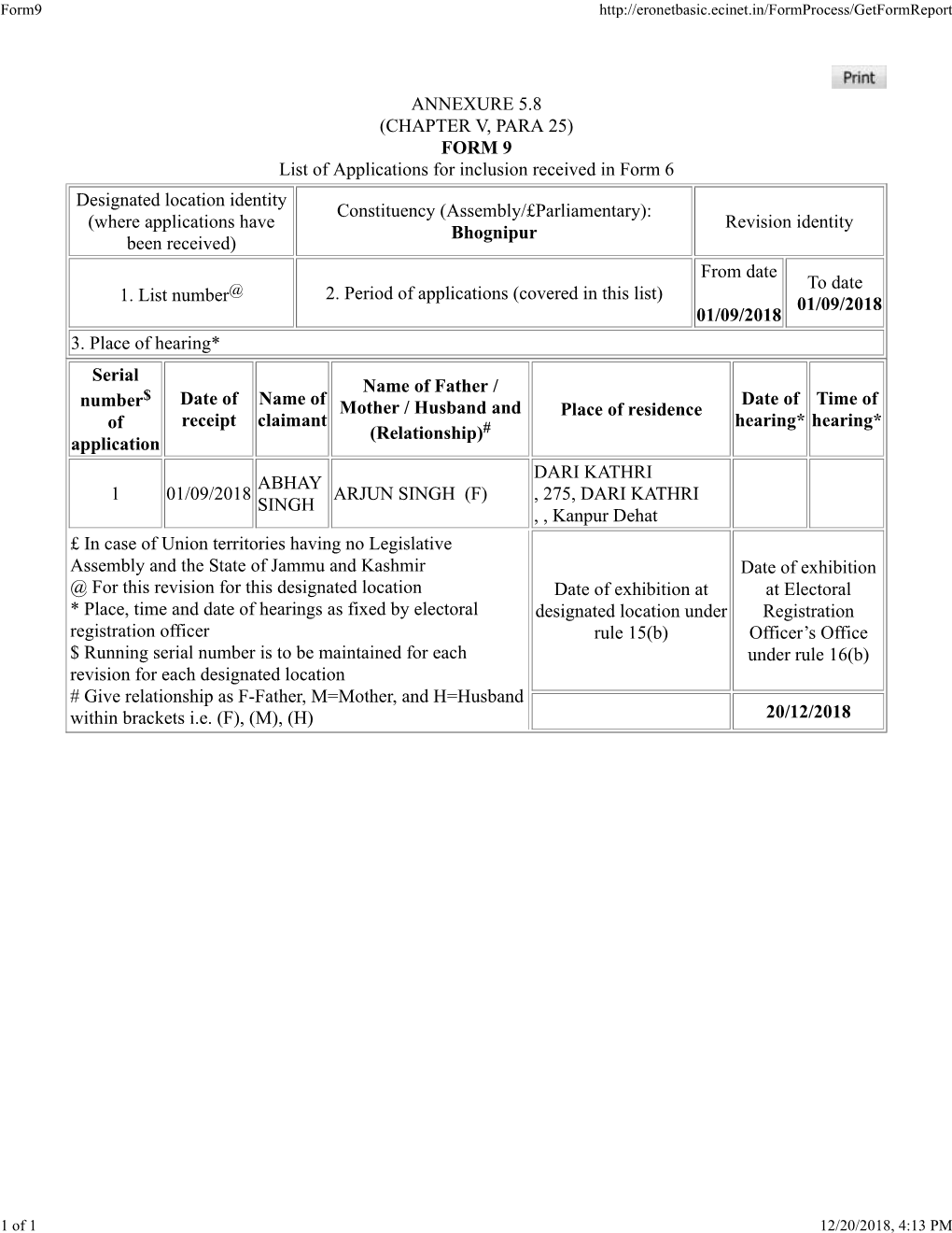 ANNEXURE 5.8 (CHAPTER V, PARA 25) FORM 9 List of Applications For