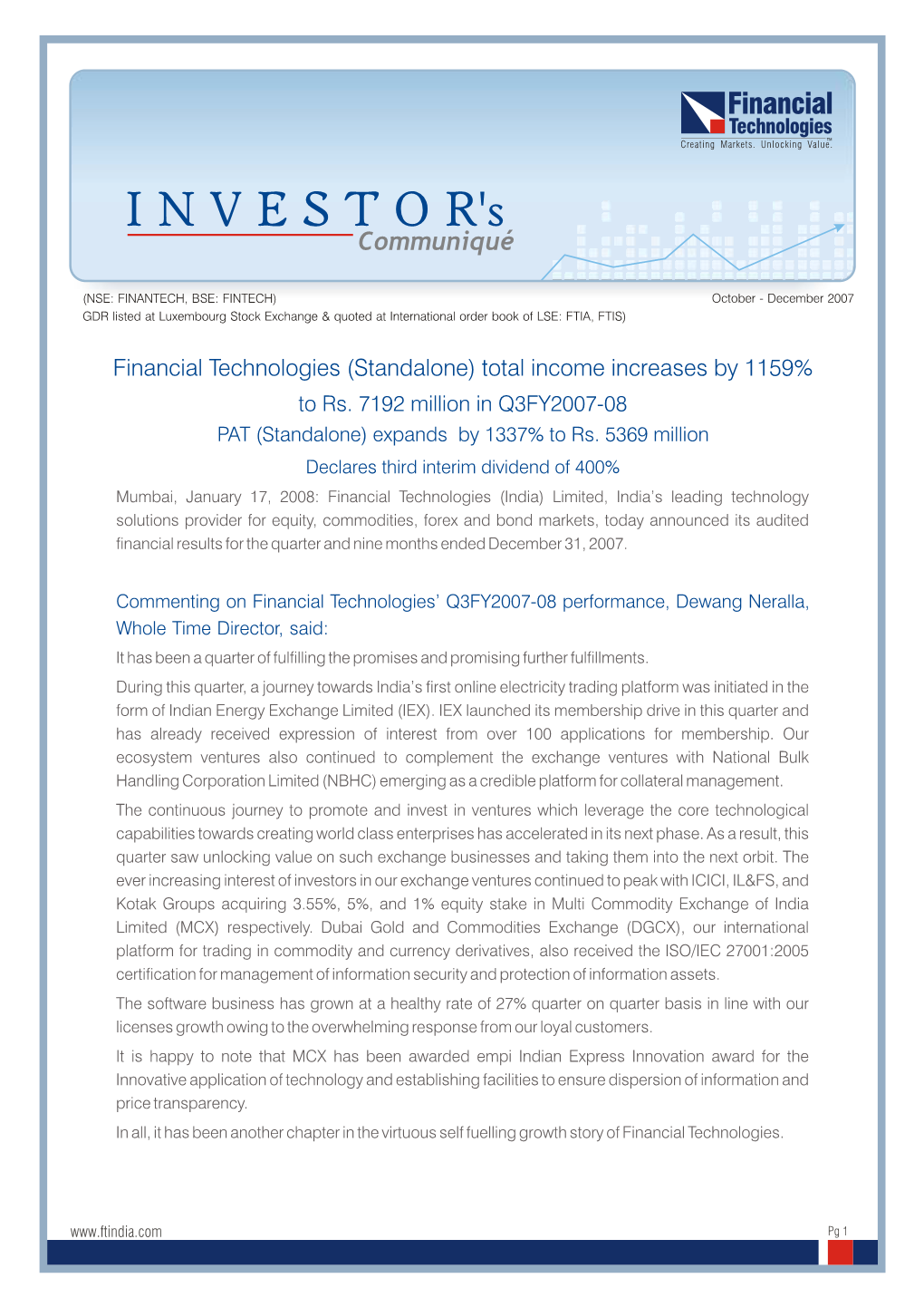 Financial Technologies (Standalone) Total Income Increases by 1159% to Rs