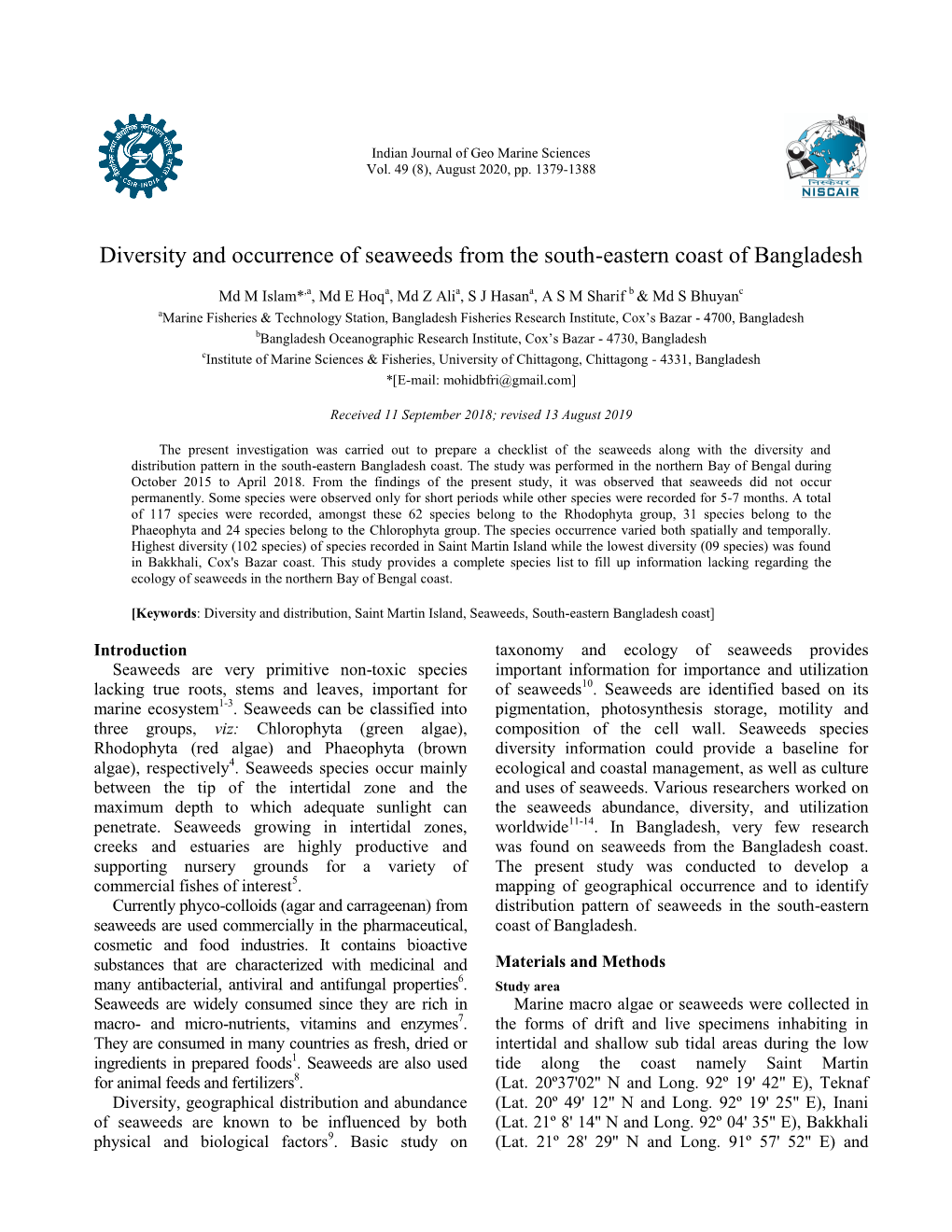 Diversity and Occurrence of Seaweeds from the South-Eastern Coast of Bangladesh