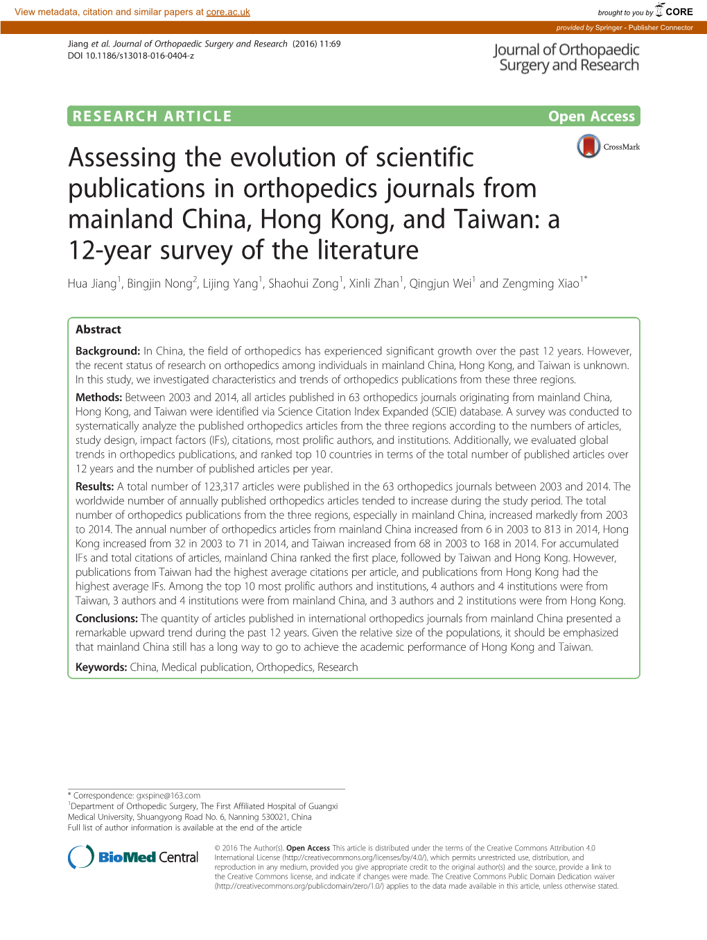 Assessing the Evolution of Scientific Publications in Orthopedics Journals from Mainland China, Hong Kong, and Taiwan