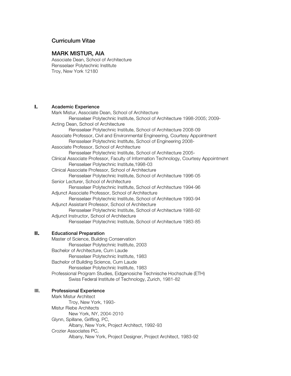 Curriculum Vitae MARK MISTUR