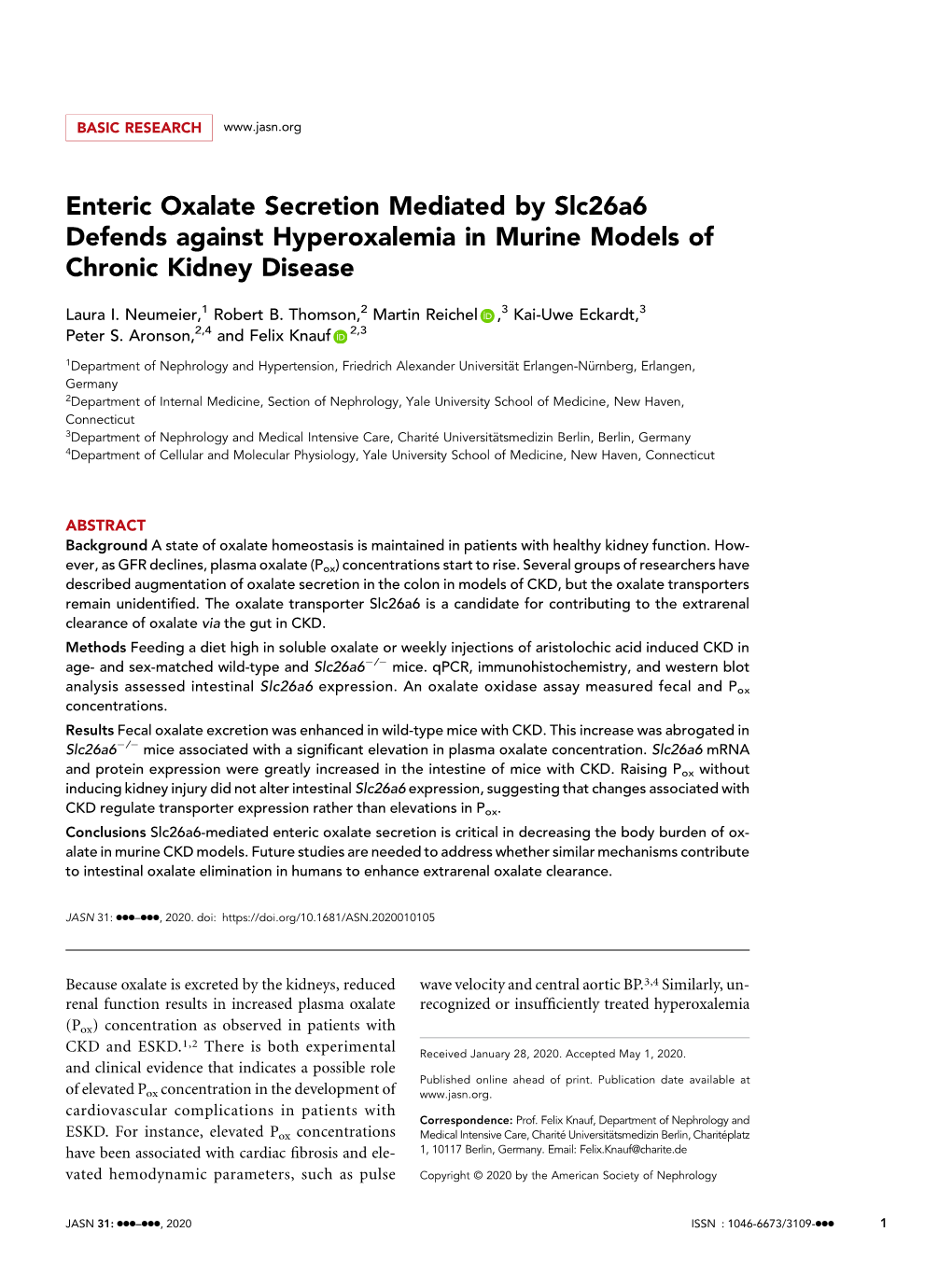 Enteric Oxalate Secretion Mediated by Slc26a6 Defends Against Hyperoxalemia in Murine Models of Chronic Kidney Disease