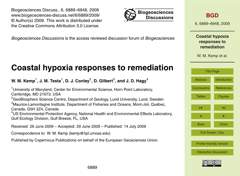 Coastal Hypoxia Responses to Remediation