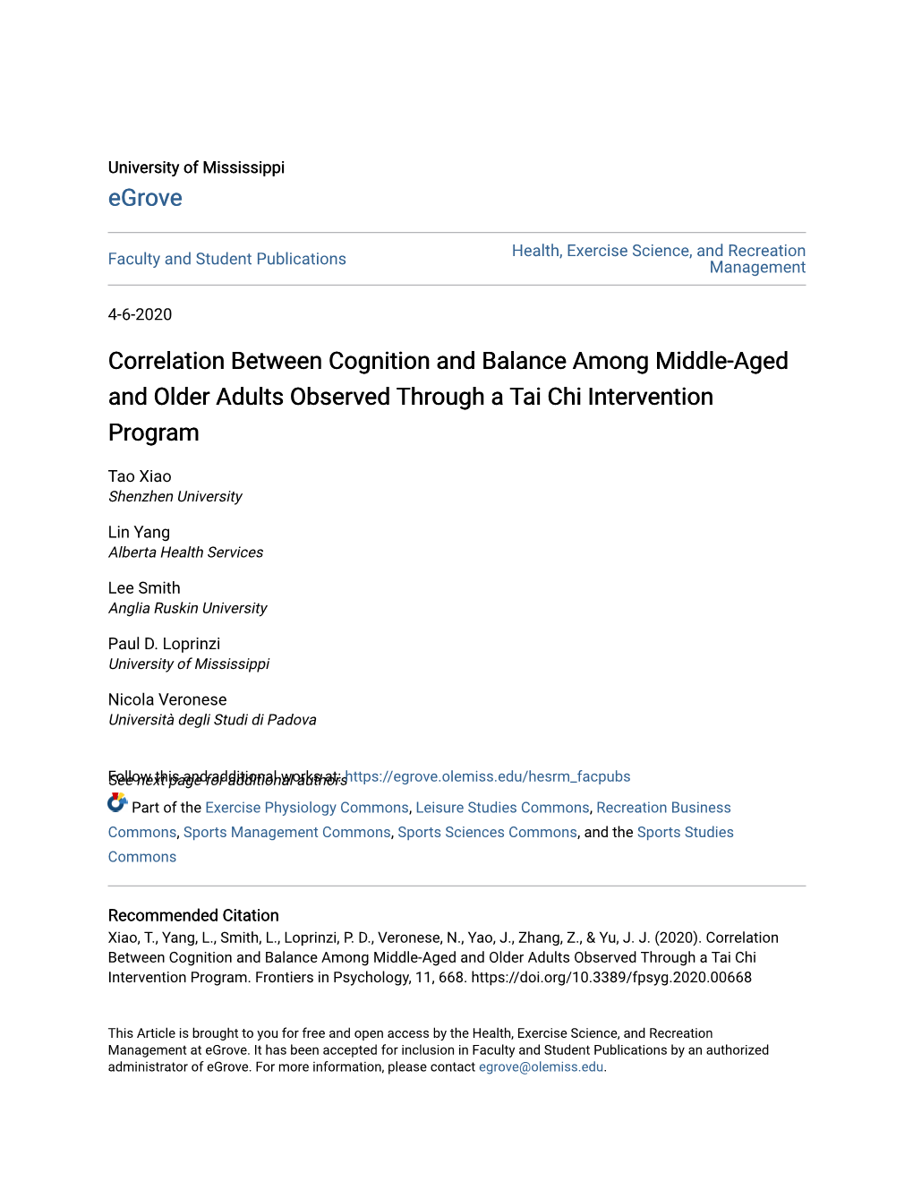 Correlation Between Cognition and Balance Among Middle-Aged and Older Adults Observed Through a Tai Chi Intervention Program