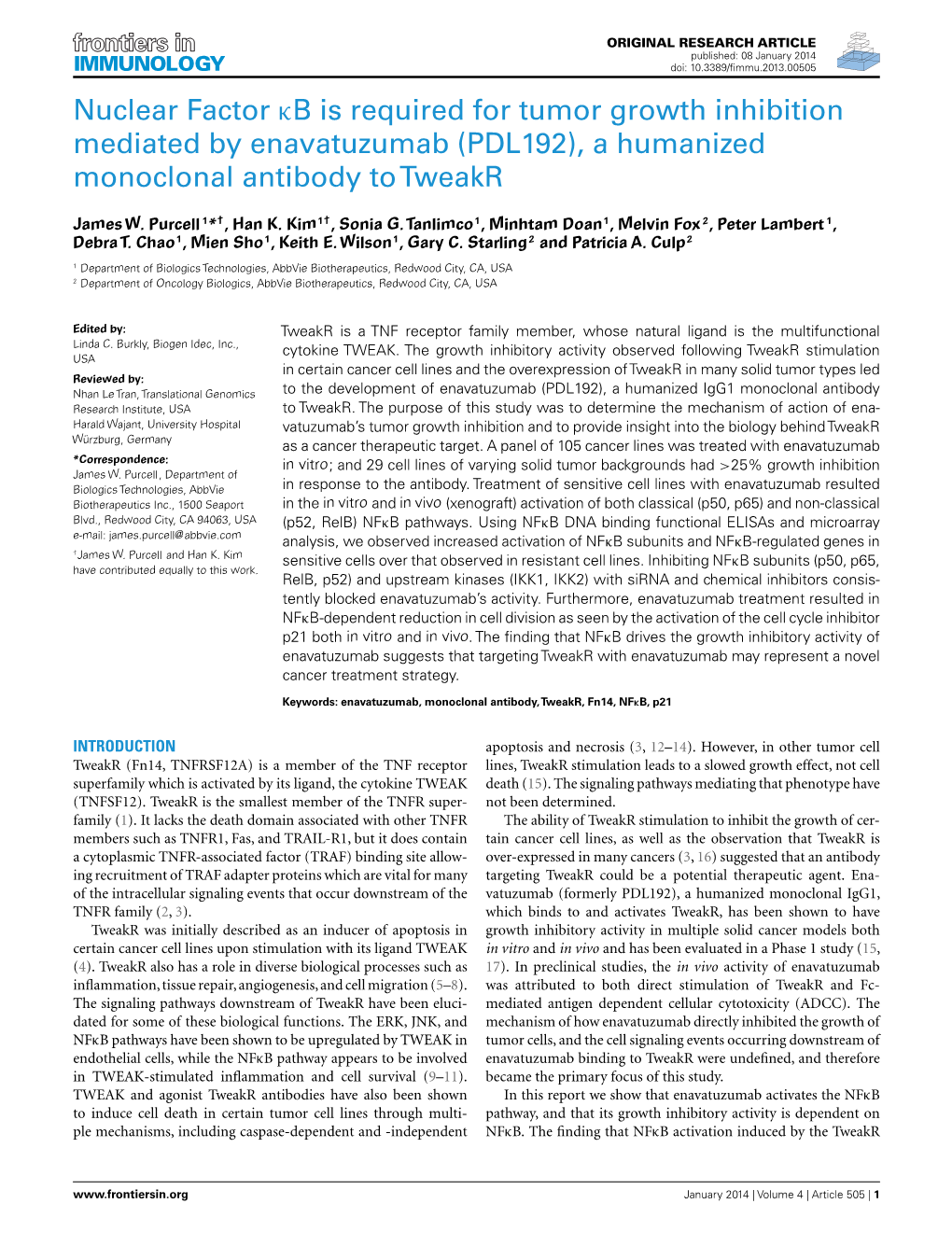 Nuclear Factor Κb Is Required for Tumor Growth Inhibition Mediated by Enavatuzumab (PDL192), a Humanized Monoclonal Antibody Totweakr