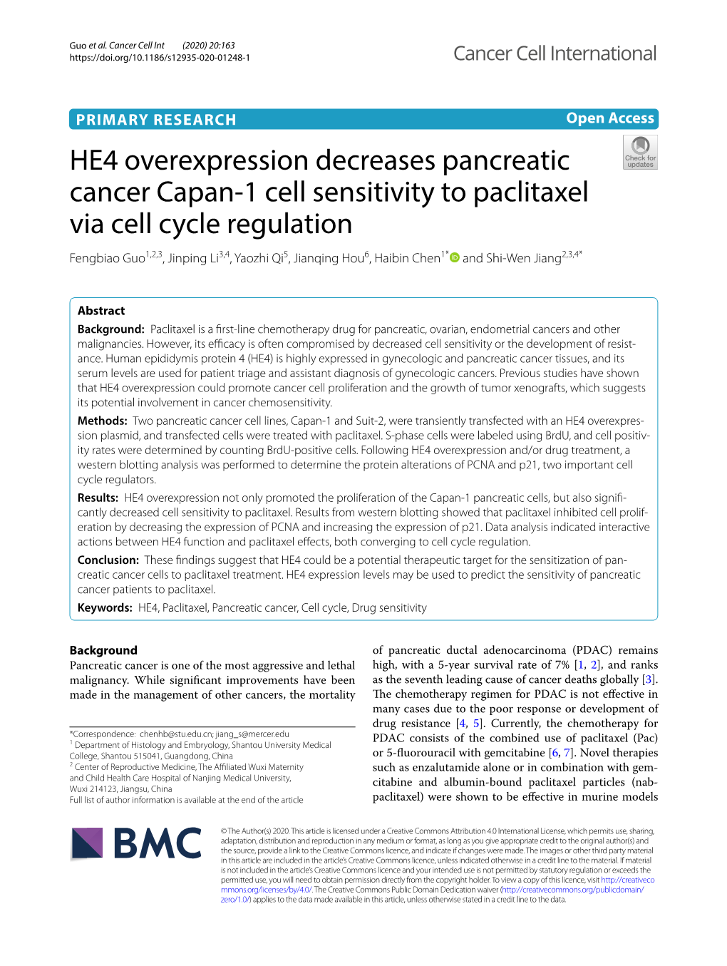 HE4 Overexpression Decreases Pancreatic Cancer Capan-1 Cell