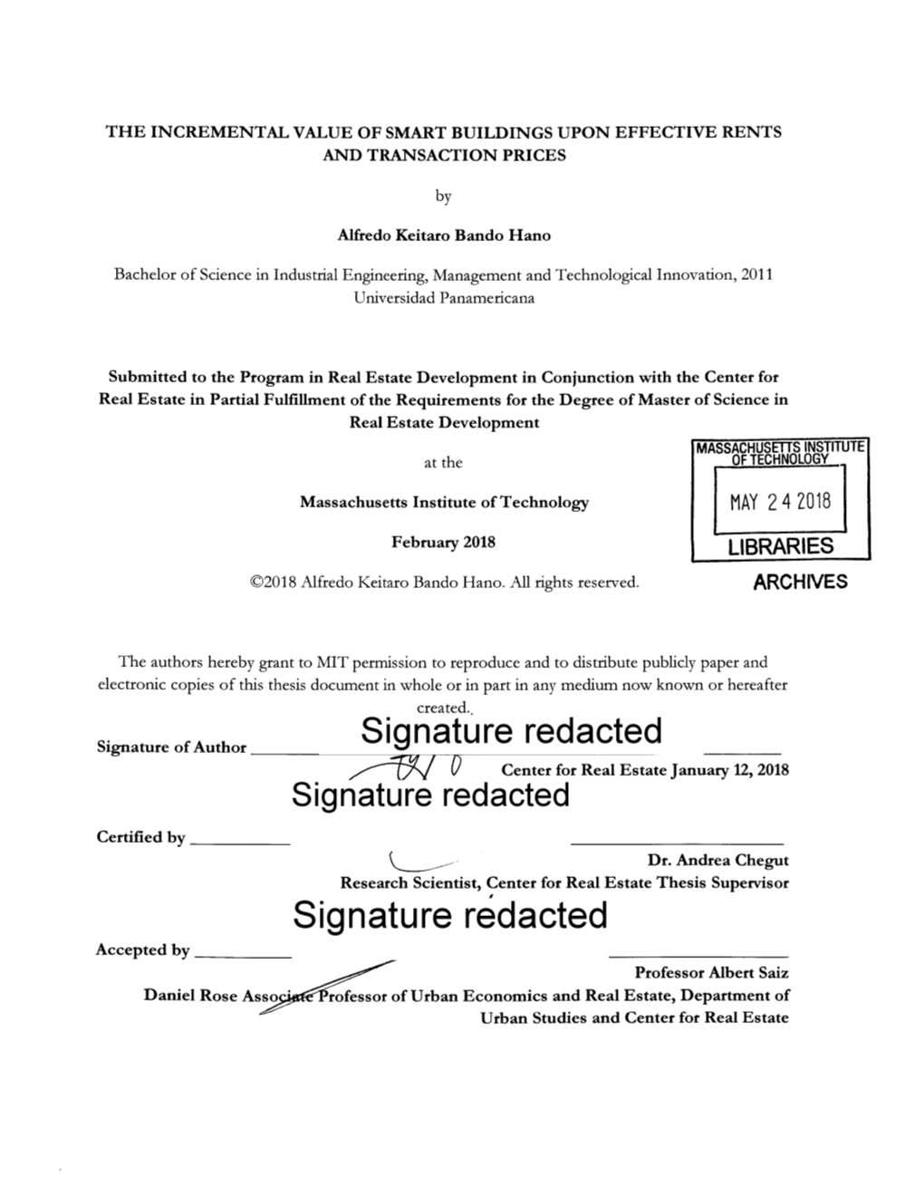 Signature Redacted Center for Real Estate January 12, 2018 Signature Redacted Certified by Dr