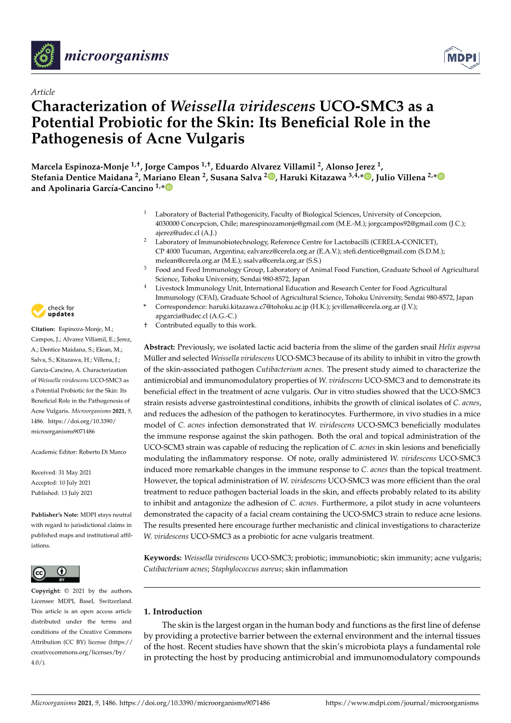 Characterization of Weissella Viridescens UCO-SMC3 As a Potential Probiotic for the Skin: Its Beneﬁcial Role in the Pathogenesis of Acne Vulgaris