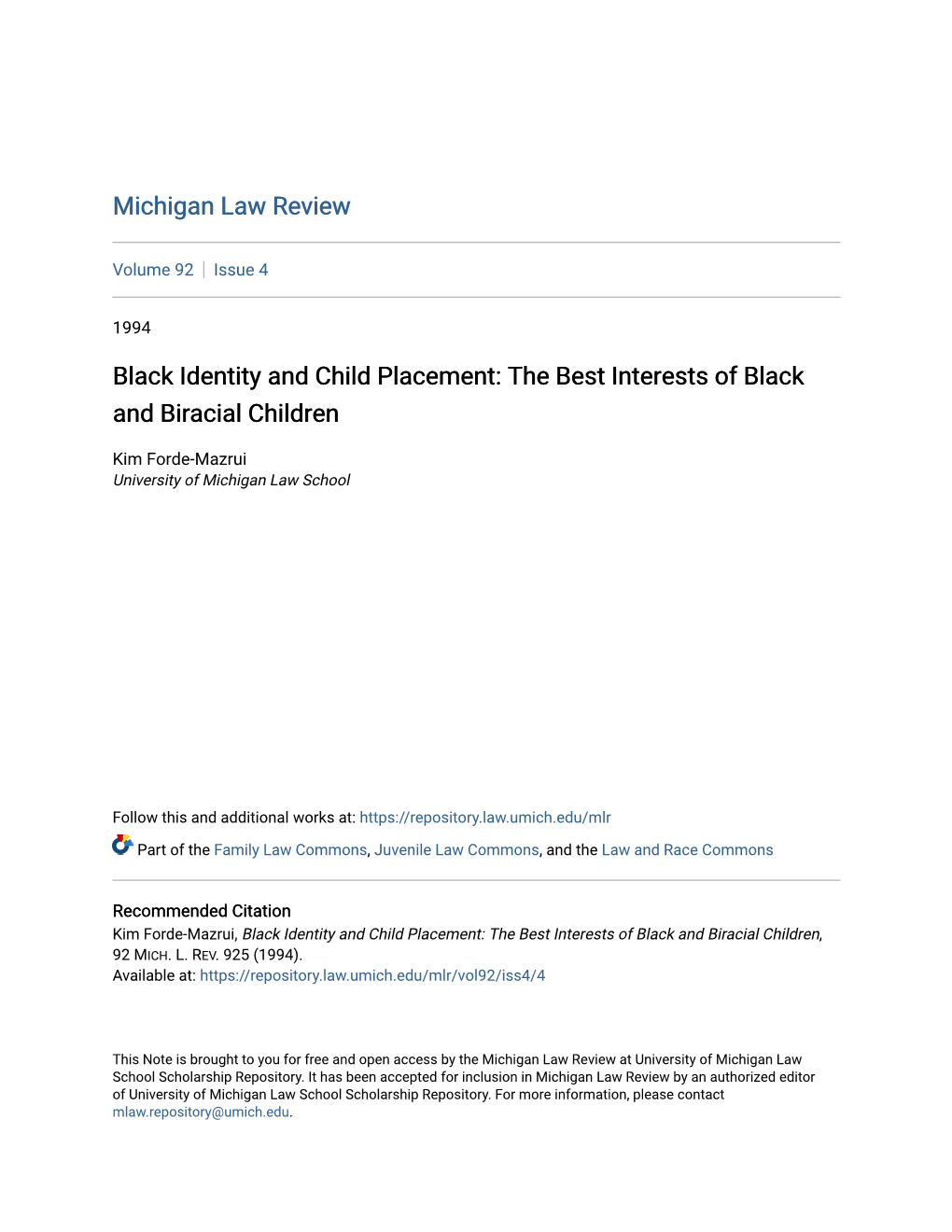 The Best Interests of Black and Biracial Children