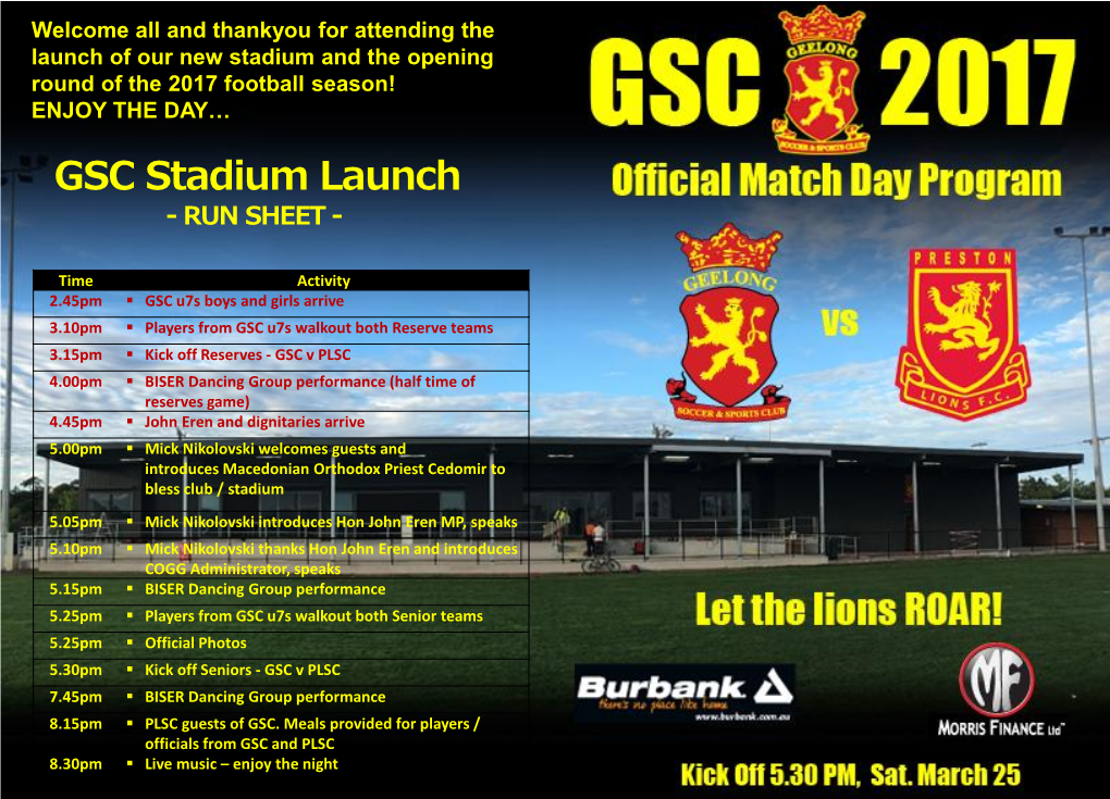 GSC Stadium Launch - RUN SHEET