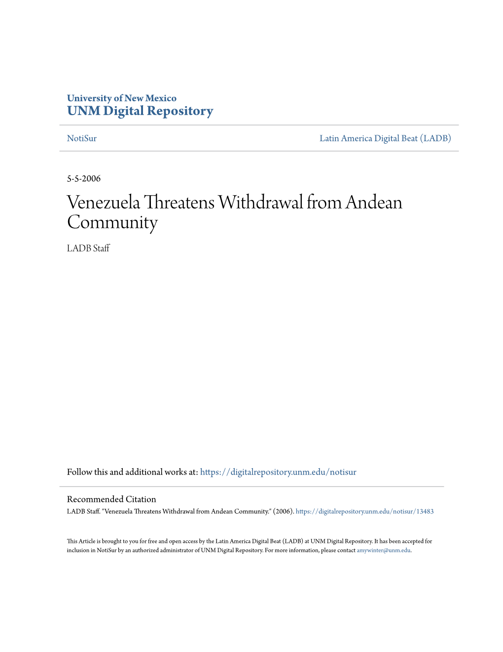 Venezuela Threatens Withdrawal from Andean Community LADB Staff