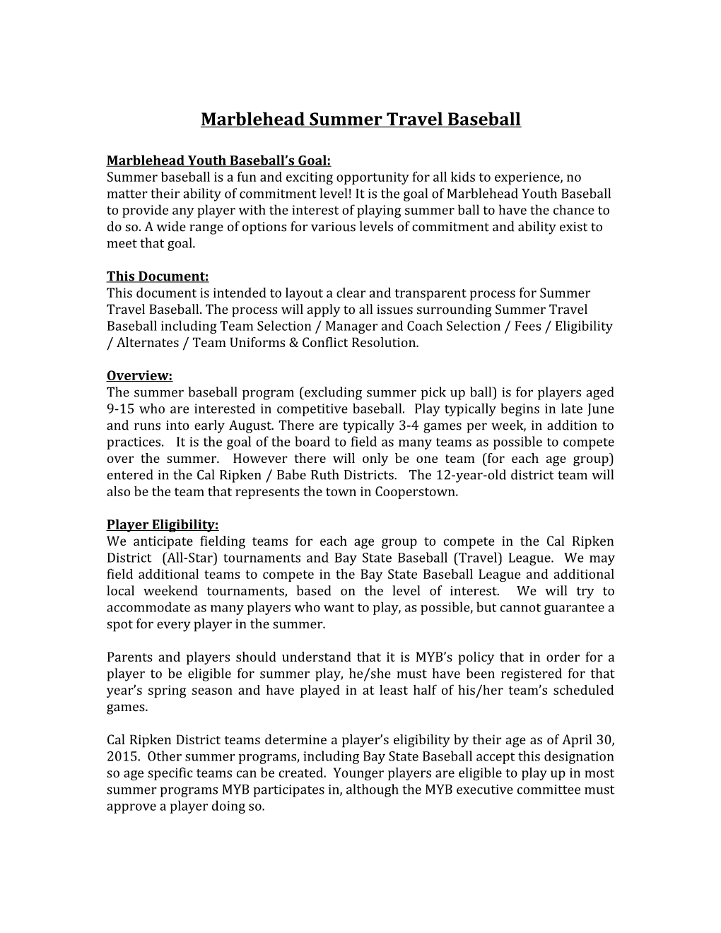 Marblehead Summer Travel Baseball