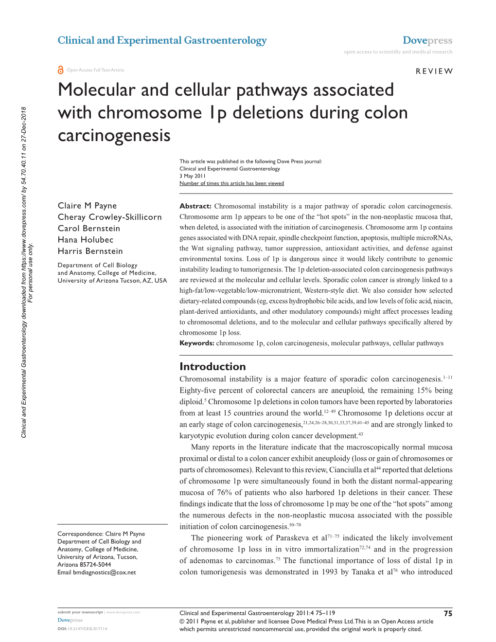 Molecular and Cellular Pathways Associated with Chromosome 1P Deletions During Colon Carcinogenesis