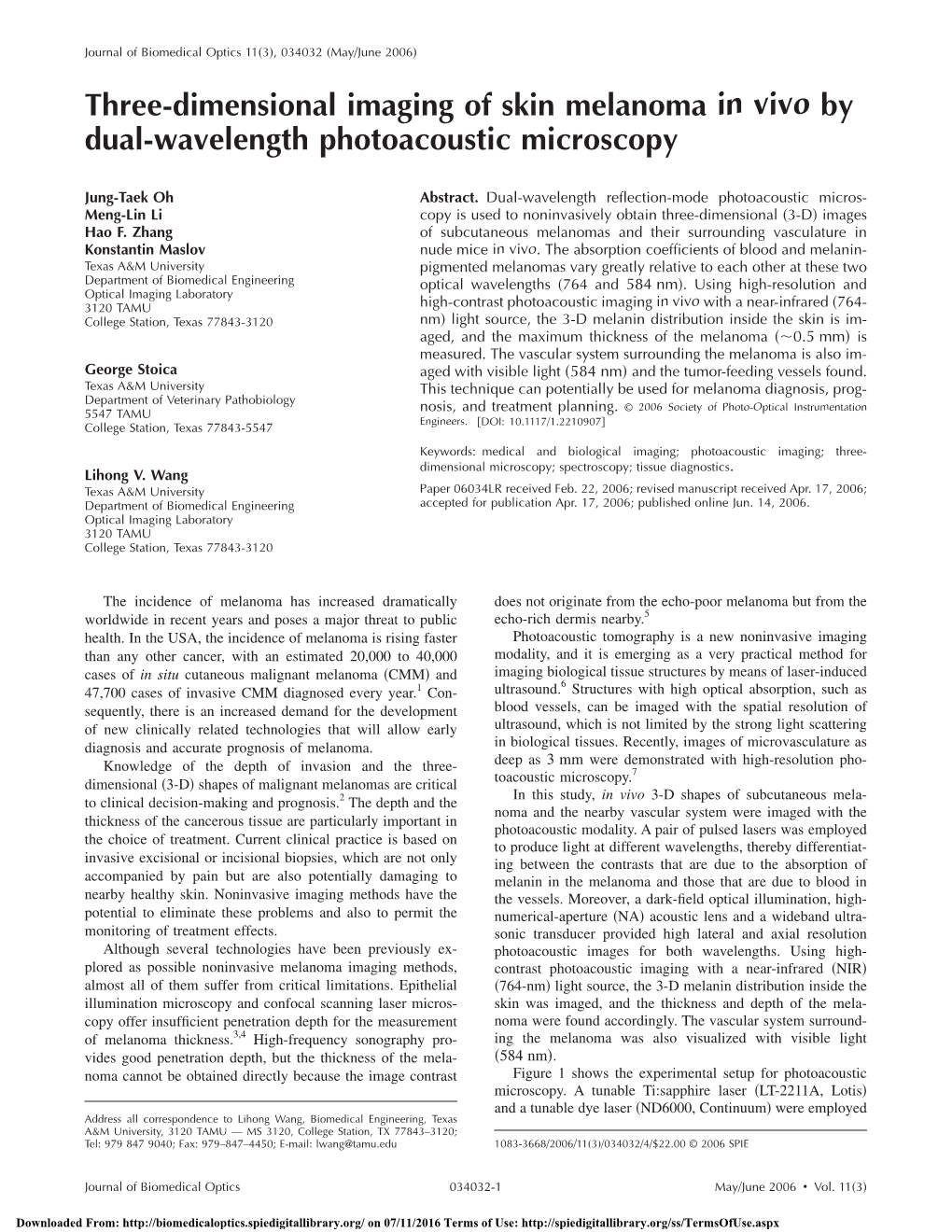 Three-Dimensional Imaging of Skin Melanoma in Vivo by Dual-Wavelength Photoacoustic Microscopy