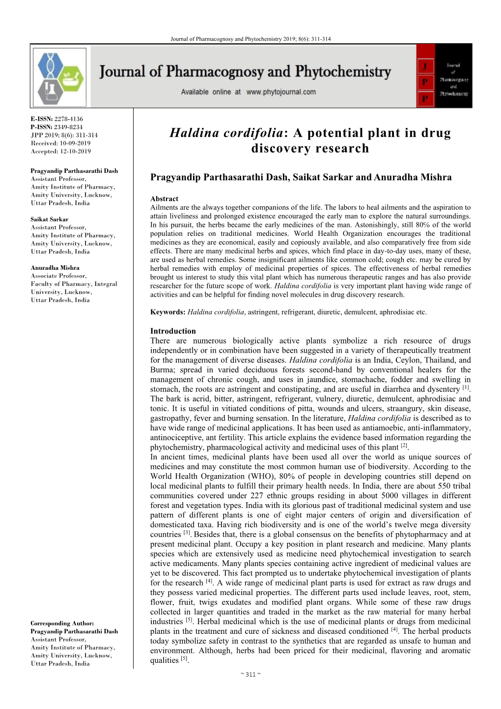 Haldina Cordifolia: a Potential Plant in Drug Discovery Research
