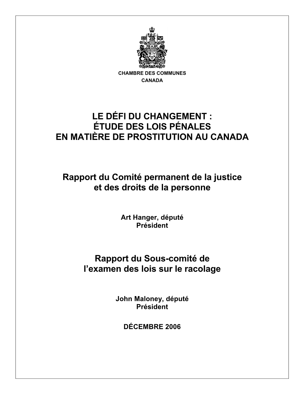 Étude Des Lois Pénales En Matière De Prostitution Au Canada