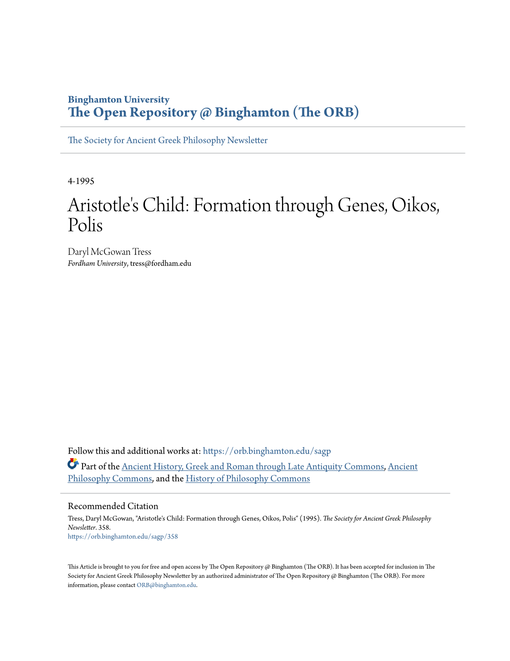 Aristotle's Child: Formation Through Genes, Oikos, Polis Daryl Mcgowan Tress Fordham University, Tress@Fordham.Edu