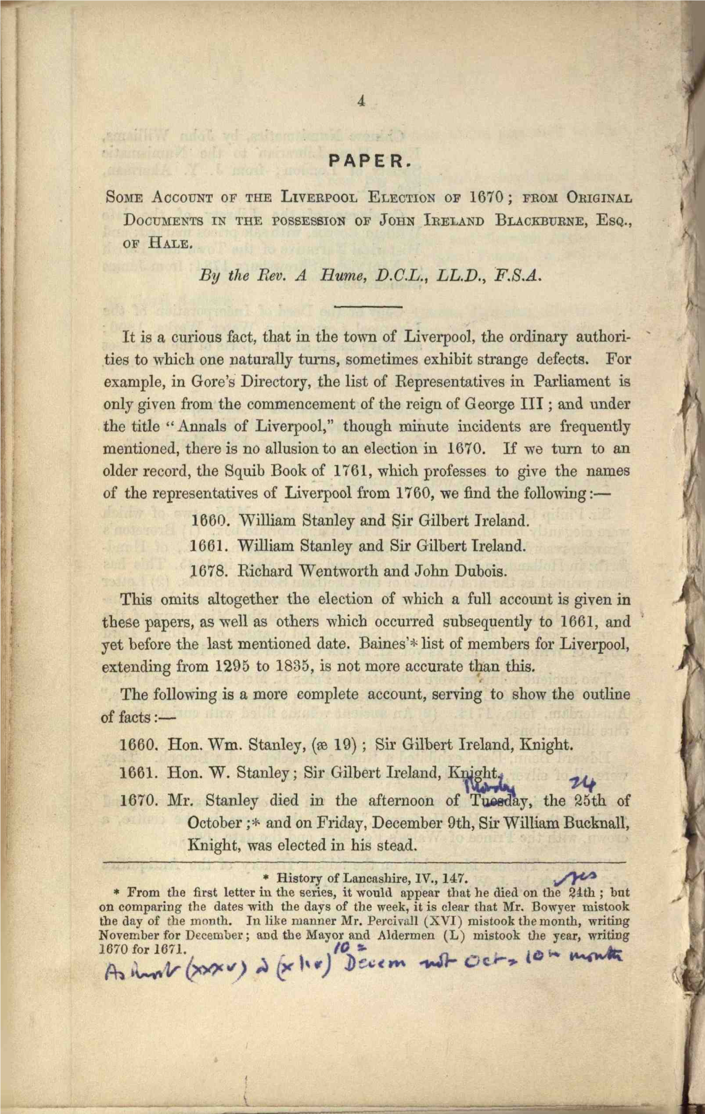 Some Account of the Liveepool Election of 1670; Feom Obiqinal Documents in the Possession of John Ireland Blackbubne, Esq., of Hale