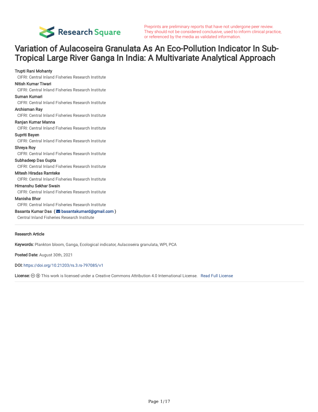 Variation of Aulacoseira Granulata As an Eco-Pollution Indicator in Sub- Tropical Large River Ganga in India: a Multivariate Analytical Approach