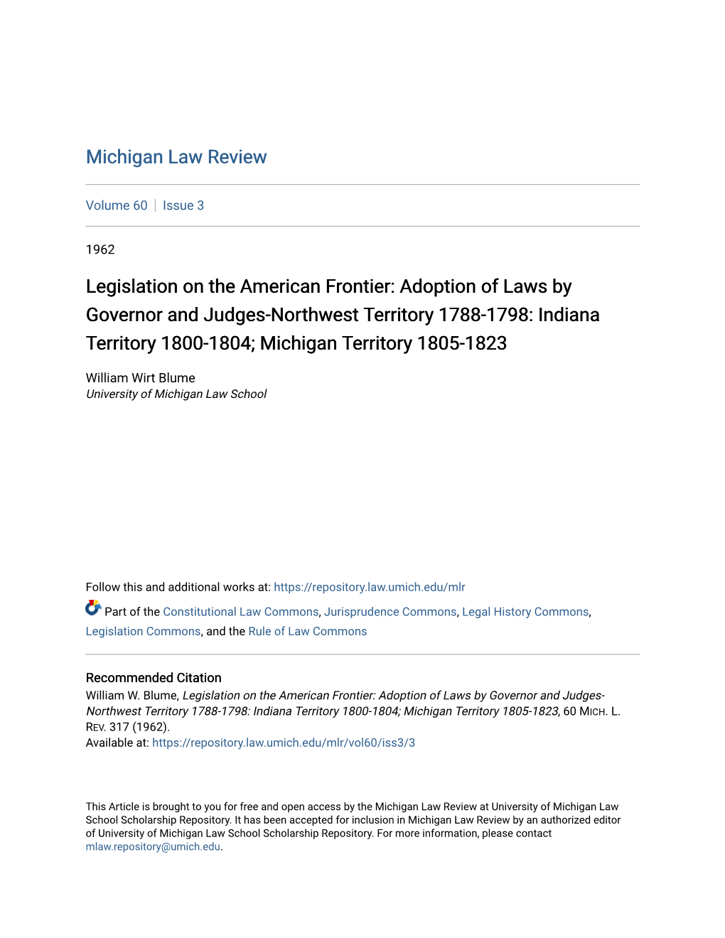 Adoption of Laws by Governor and Judges-Northwest Territory 1788-1798: Indiana Territory 1800-1804; Michigan Territory 1805-1823