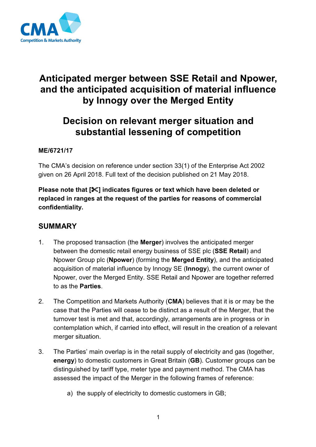 Anticipated Merger Between SSE Retail and Npower, and the Anticipated Acquisition of Material Influence by Innogy Over the Merged Entity