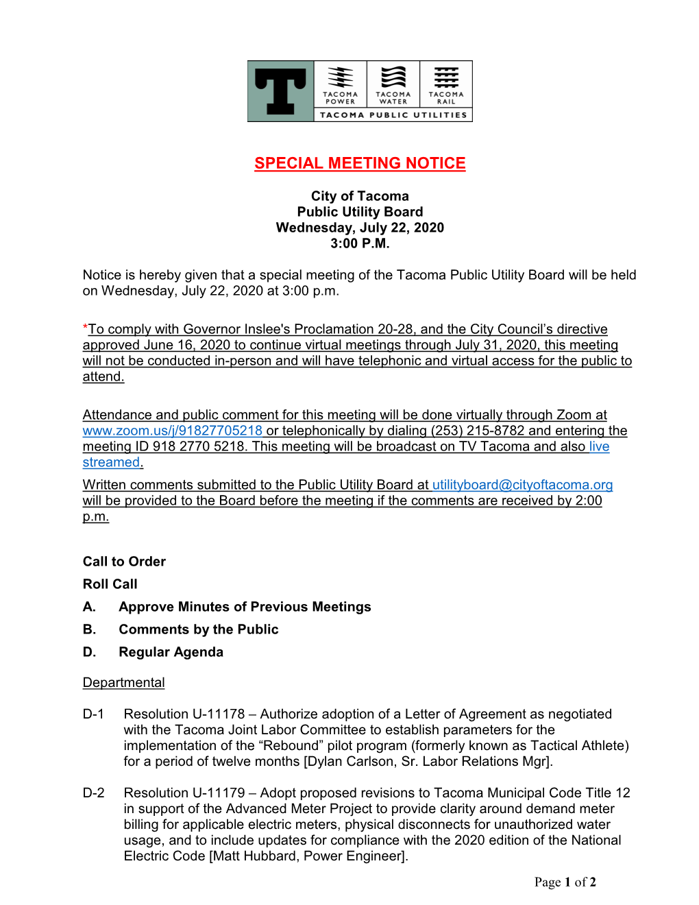 City of Tacoma Public Utility Board Wednesday, July 22, 2020 3:00 P.M