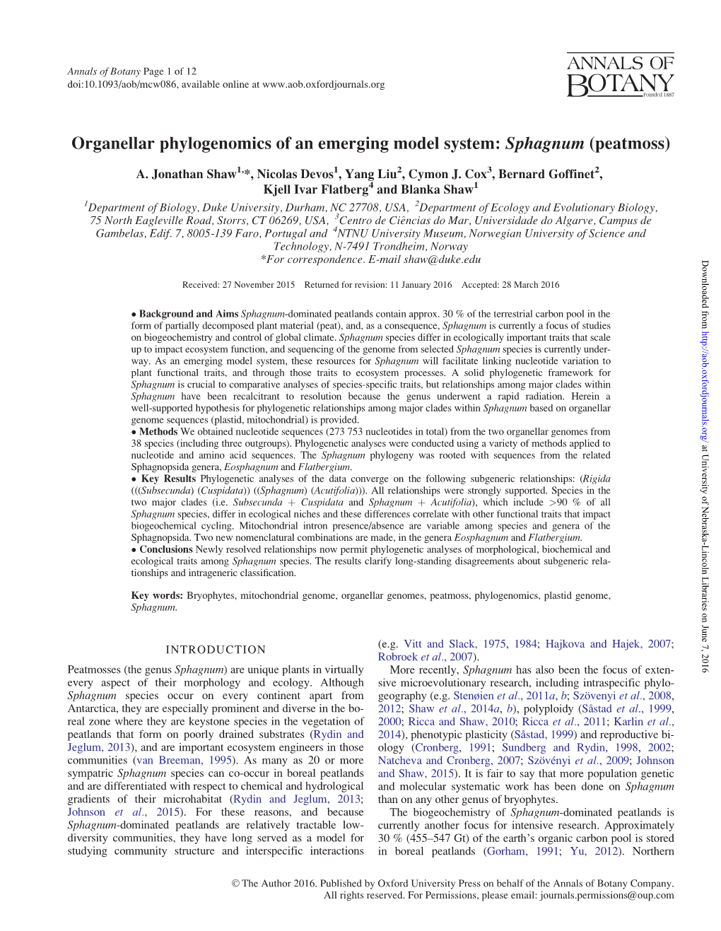 Organellar Phylogenomics of an Emerging Model System: Sphagnum (Peatmoss)